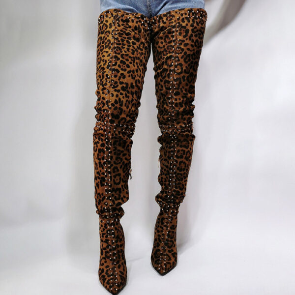 Stiletto Heel Side Zipper Leopard Pointed Toe Short Floss Boots - Image 5