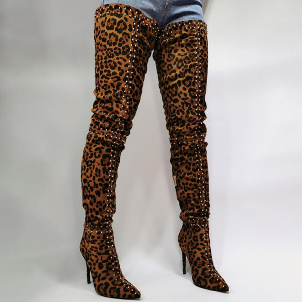 Stiletto Heel Side Zipper Leopard Pointed Toe Short Floss Boots - Image 4