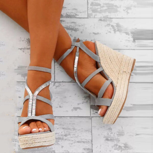 Strappy Open Toe Buckle Wedge Heel Rhinestone Sandals
